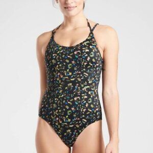 Athleta Black Leopard Keyhole One-Piece Bathing Suit Size Small